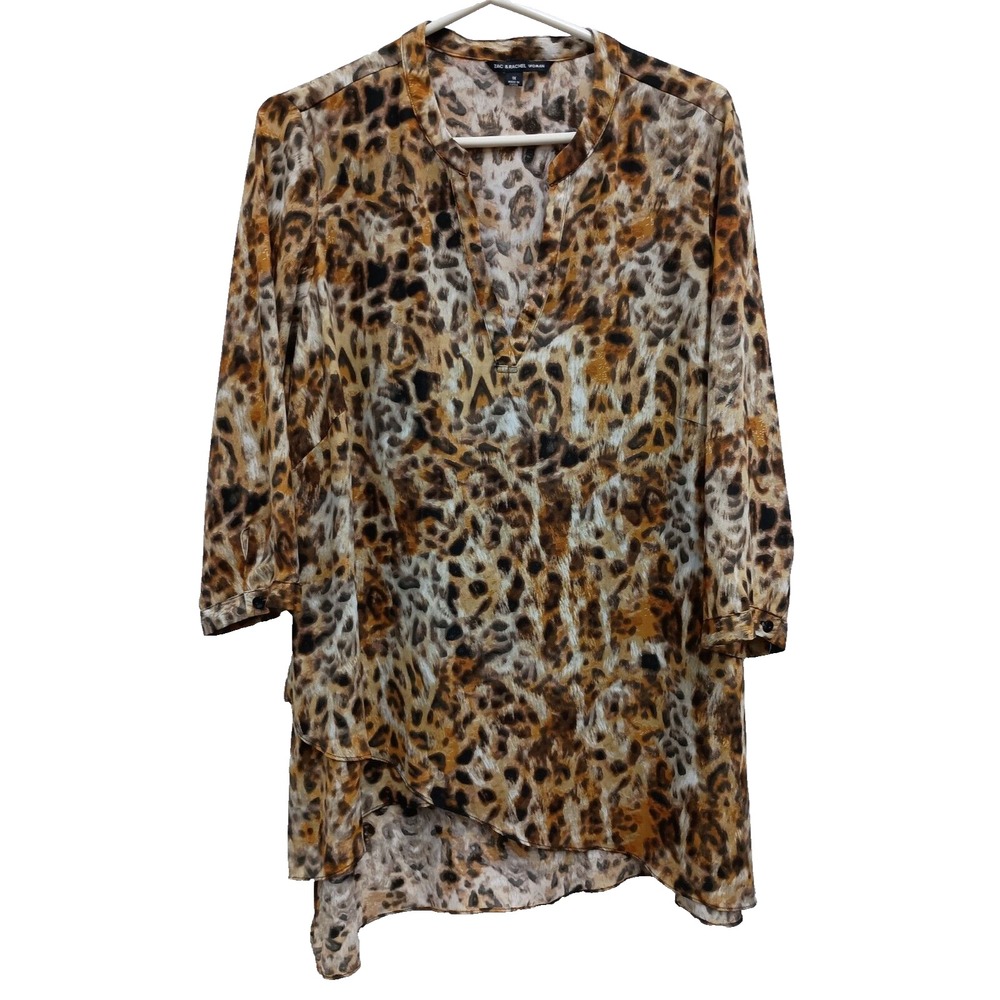 Zac & Rachel Blouse Top Womens 1X Brown Animal Print 3/4 Sleeve Layered Hem